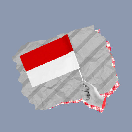 Contemporary art collage featuring a hand holding the indonesian flag on a textured background,...