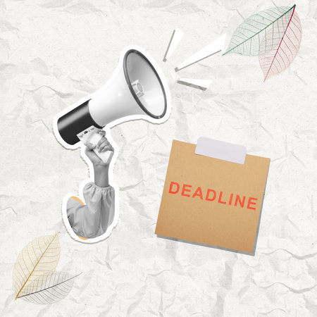 A human hand holding a megaphone with a deadline note on a colored background. Collage artの写真素材