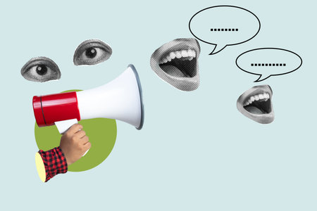 Contemporary art collage representing a person holding a megaphone trying to communicate with...