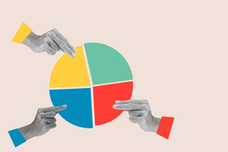 A human hand holding a pie chart with different colored slices on a colored background. Collage art