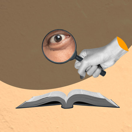 Human eyes look at a book through a magnifying glass on a colored background. Collage artの写真素材