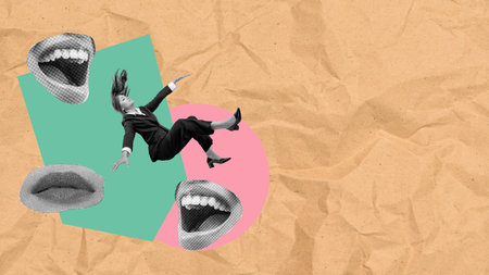 A portrait of an Asian businesswoman slips on a colored background. Collage artの写真素材