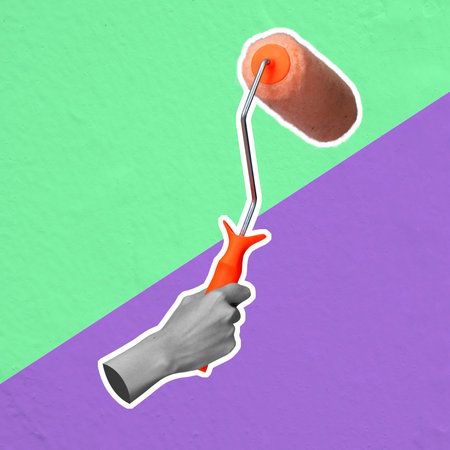 Human hand holding a paint roller on a colored background. Collage art