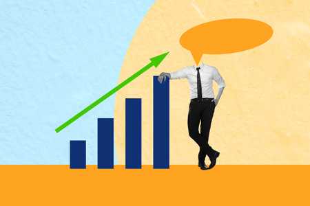 Businessman with a speech bubble head leans on a growing bar chart, symbolizing progress and success in business. Vibrant colors and modern design represent achievement and growthの写真素材