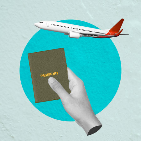A human hand holding a passport with a flying passenger airplane on a colored background. Collage artの写真素材