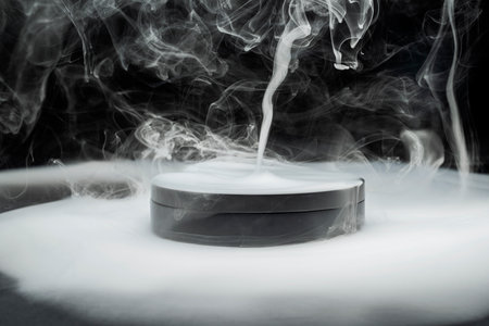 Black round container is emitting a dense white smoke, creating a mysterious and intriguing atmosphere. The smoke is swirling and rising, adding to the overall visual impactの写真素材