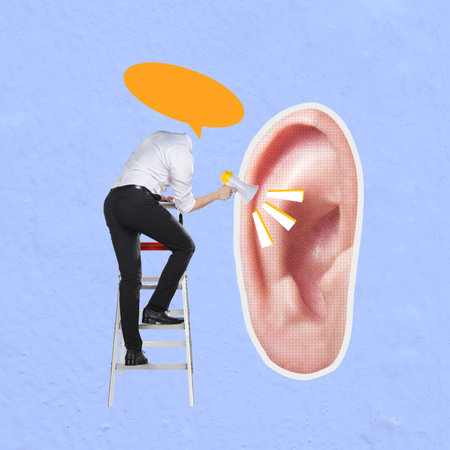 Contemporary art collage expressing the concept of freedom of speech, the importance of being heard and making your voice countの写真素材