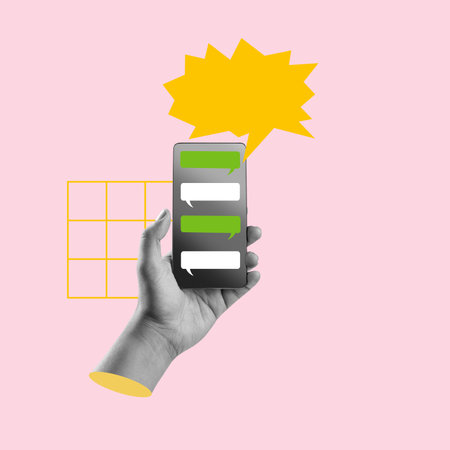 A human hand holding a mobile phone with an empty speech bubble and conversation chat through the...
