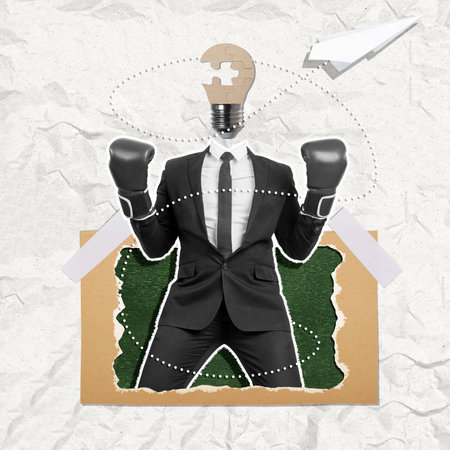 A businessman's head with a jigsaw puzzle of a light bulb wearing a black boxing glove on a colored background. Collage artの写真素材