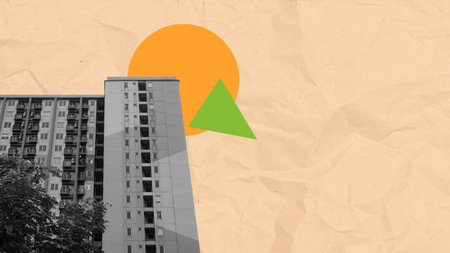 Image of a big building in the city with a colored background. Collage art