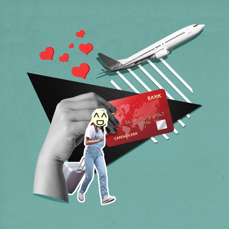 A woman with an emoticon head carrying a suitcase with a human hand holding a credit card with a...
