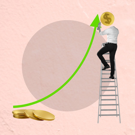 A businessman with a golden dollar coin head standing on a ladder draws a rising arrow on a colored background. Collage artの写真素材