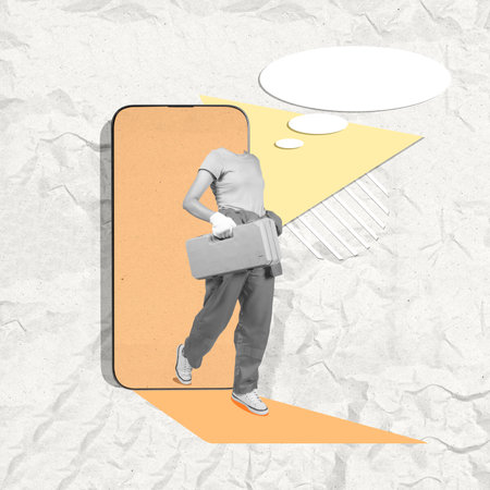 A woman walking through a mobile phone screen while carrying a toolbox with an empty speech bubble on a colored background. Collage artの写真素材