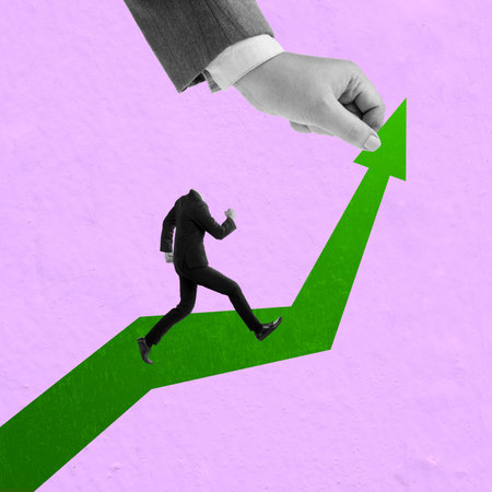 Businessmen running uphill to chase an increased graph arrow on a colored background. Collage Art of...