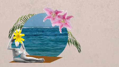A woman in a hat and bikini suit with a flower head lies down on the mat on the beach on a colored background. Collage artの写真素材