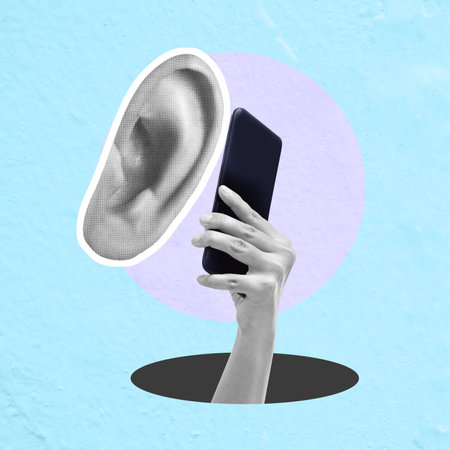 Collage art photography of hands holding a smartphone with an ear beside it on a colored background, conceptual image for online communicationの写真素材