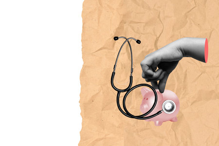 A human hand holding a piggy bank with a stethoscope on a colored background. Collage artの写真素材
