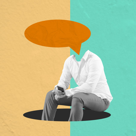 A businessman with the head of an empty bubble speech holding a mobile phone on a colored background. Collage artの写真素材