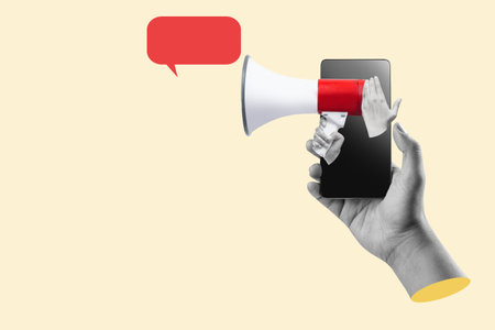 A human hand holding the megaphone through a mobile phone screen with an empty speech bubble on a colored background. Collage artの写真素材