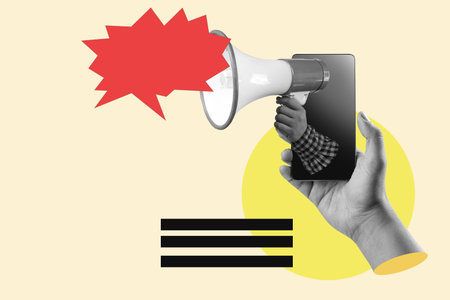 A human hand holding the megaphone through a mobile phone screen with an empty speech bubble on a colored background. Collage artの写真素材