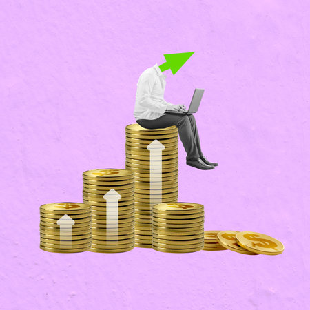 A businessman with the head of the rising arrow using a laptop sitting on a stack of golden coins on a colored background. Collage artの写真素材