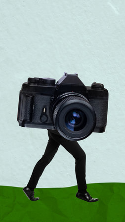 Businessman with camera head on a colored background. Collage artの写真素材