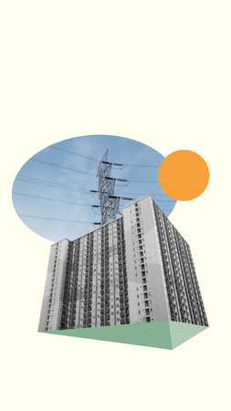 Image of a big building in the city with a colored background. Collage artの写真素材