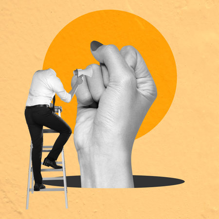A businessman holding a megaphone with a raised hand in the air on a colored background. Collage artの写真素材