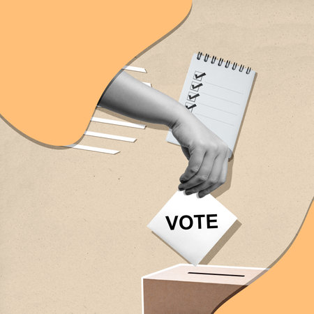 A human hand puts a ballot into a ballot box on a colored background. Collage artの写真素材