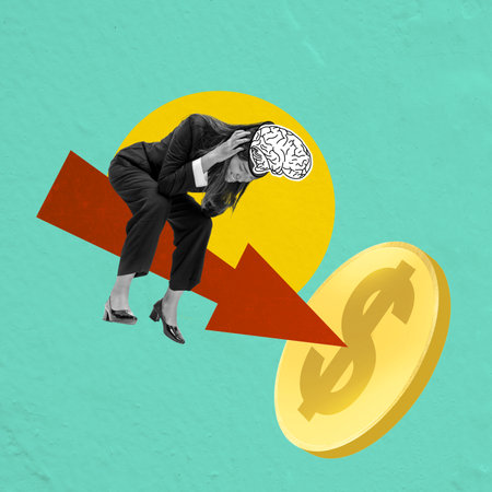 A portrait of a businesswoman feeling depressed while sitting on the decreased arrow hit the golden dollar coin on a colored background. Collager artの写真素材