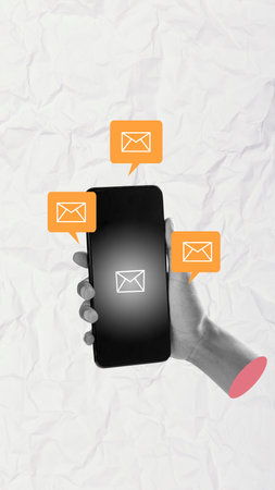 Hand holding smartphone with email notifications on textured paper background, symbolizing constant connectivity and digital influxの写真素材