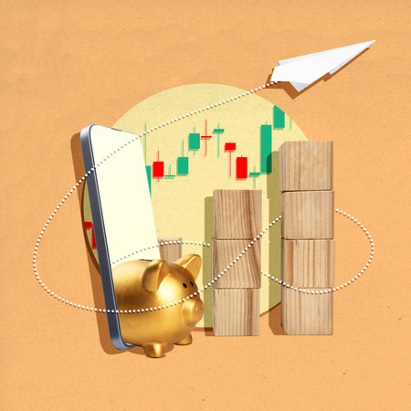 Piggy bank with a paper plane flying through a mobile phone screen on a colored background. Collage artの写真素材