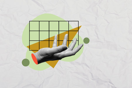 Human hand with open palm gesture on a colored background. Collage artの写真素材