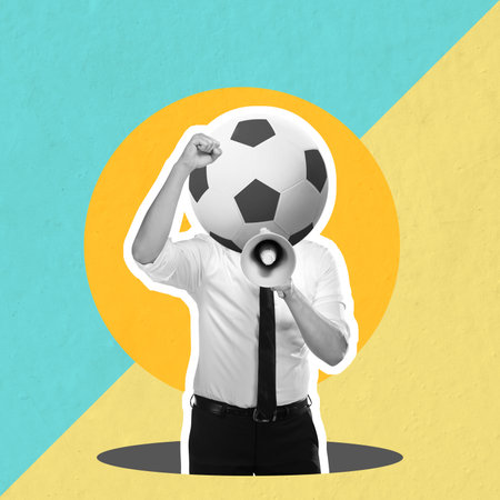 A businessman with a soccer ball head shouting on the megaphone on a colored background. Collage artの写真素材