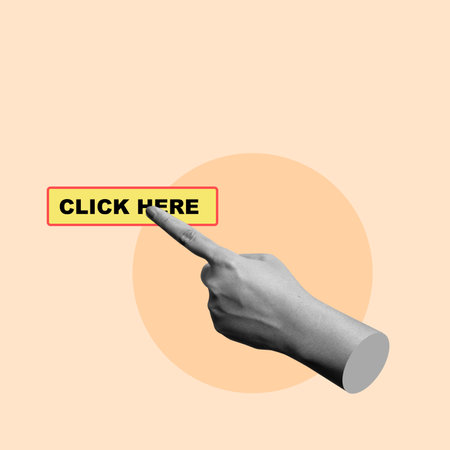 Black and white hand points to a yellow click here button on a colorful background, capturing digital marketing essence. Ideal for online campaigns with modern and creative feelの写真素材