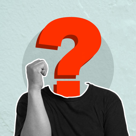 A man's face is covered in a red question mark. The image is a creative and playful way of asking a...