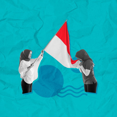 Portrait of a woman holding the Indonesian flag and kissing it as a symbol of pride on Indonesia Independence Day on a colored background. Collage artの写真素材