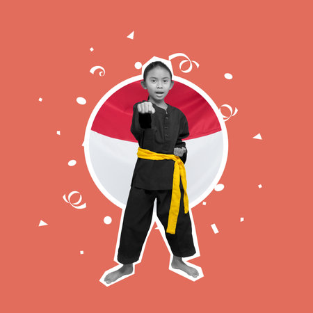 Little girl practicing martial arts with Indonesia flag behind it to make a proud for her country. Collage artの写真素材