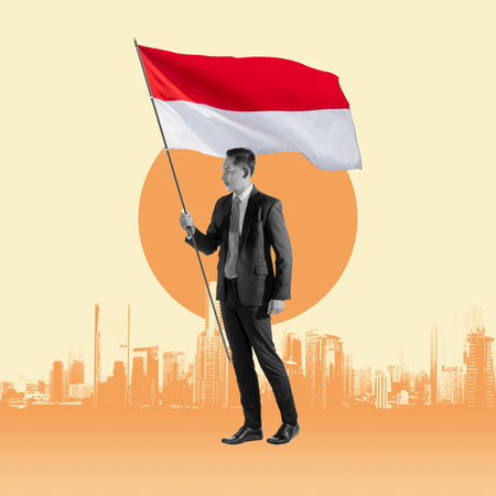 Businessman standing while holding the Indonesia flag to celebrate Indonesian Independence Day. Collage artの写真素材
