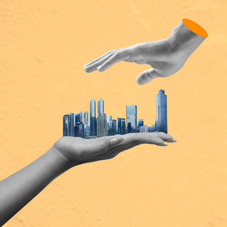 Human hand showing modern buildings and skyscrapers with a colored background. Collage art