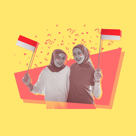Portrait of two women with excited expressions holding small Indonesian flags on a colored background. Indonesia Independence Day. Collage artの写真素材
