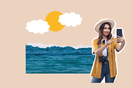 A portrait of a woman in a hat and a camera using a mobile phone with an ocean and colored...
