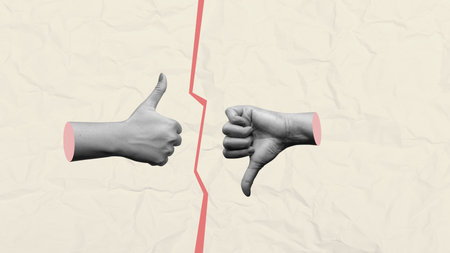 Closeup view of human hands with thumb up and down gestures on a colored background. Collage artの写真素材