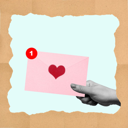 A hand holding a pink envelope with a heart on it. The envelope has a red number 1 on it