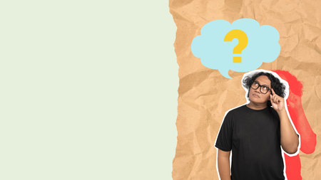 A man with glasses is looking up at a question mark. The image is meant to convey the idea that it's...