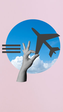 A hand is giving the thumbs up sign in front of an airplane. Concept of excitement and adventure, as if the person is about to embark on a journey. The combination of the thumbs up gestureの写真素材
