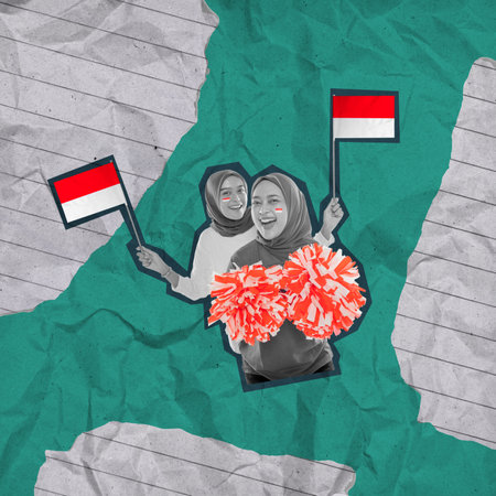 Two women are holding flags and cheerleading pom poms. The image is a collage of different shapes and colors, with a focus on the people and their flags. Scene is celebratory and energetic. Indonesian independence day conceptの写真素材