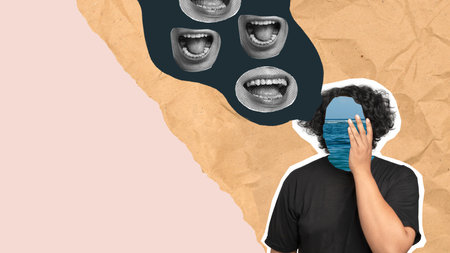 A man with a mask on his face is looking at the camera. The image is a collage of different faces...