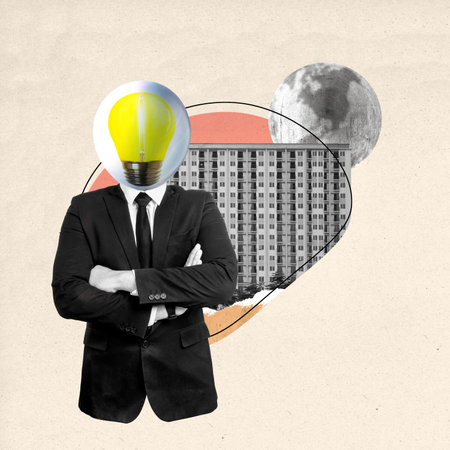 A man with a light bulb on his head stands in front of a building. The image is a collage of different elements, including a moon and a building. Scene is creative and playfulの写真素材