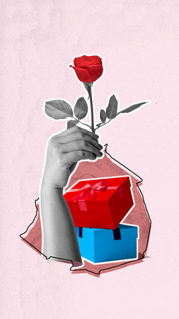 A hand holding a rose and a red box. The box is on top of two blue boxesの写真素材